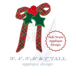Christmas holly side bow applique embroidery design | sweatshirt bow | satin finish | 5 sizes | holiday machine embroidery