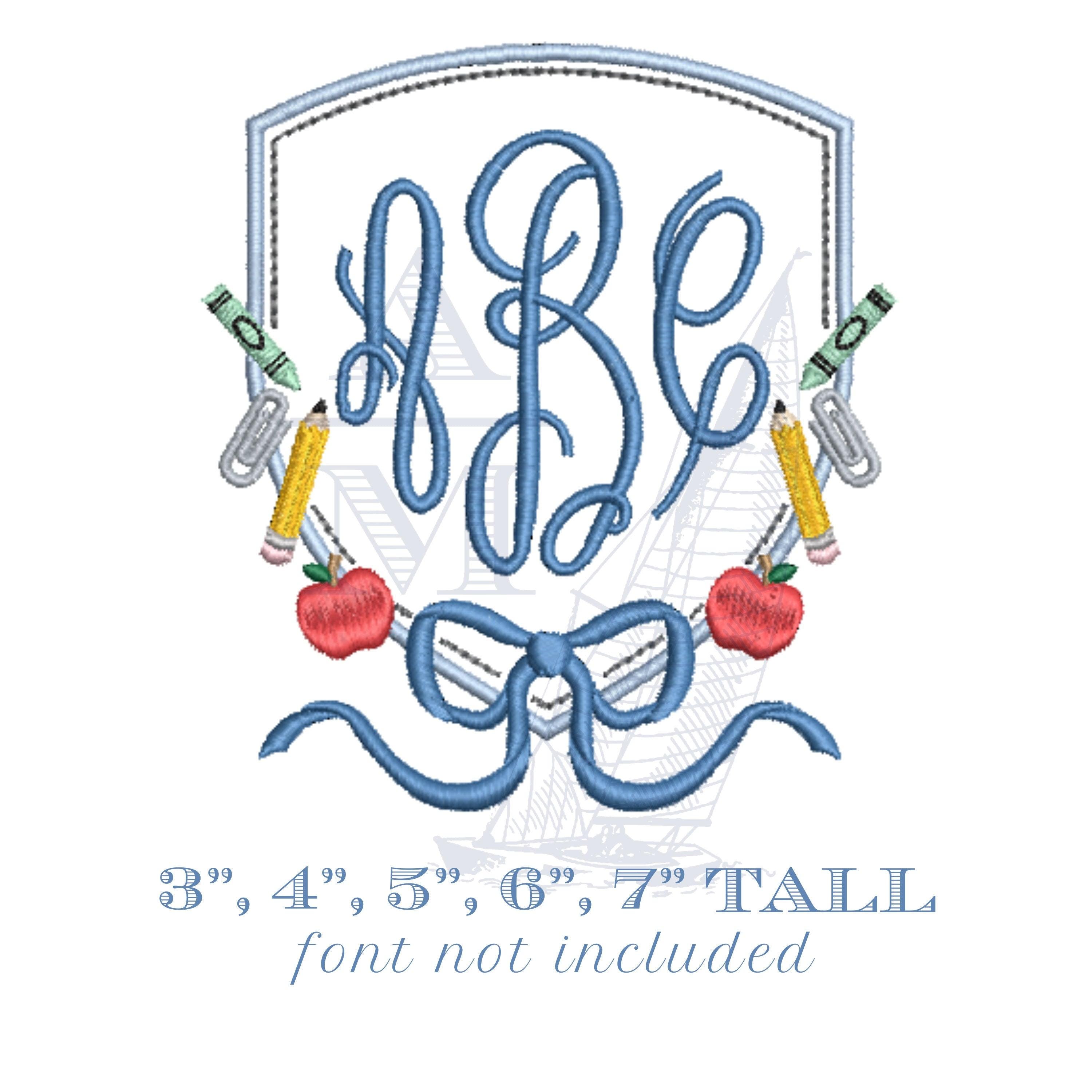 Back to School Monogram Frame Embroidery Design Crest with Bow, Pencil, Crayon, Apple, Girly Southern Frame, 5 Sizes