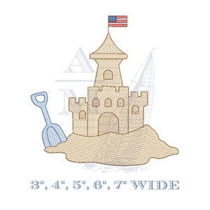 愛国的なアメリカ国旗サンドキャッスルの夏用刺繍デザイン（女の子・男の子用）、5サイズ