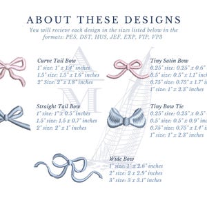 Text and five embroidered bow samples detail the file formats and size lists for Curve Tail Bow, Straight Tail Bow, Tiny Satin Bow, Tiny Bow Tie, and Wide Bow.