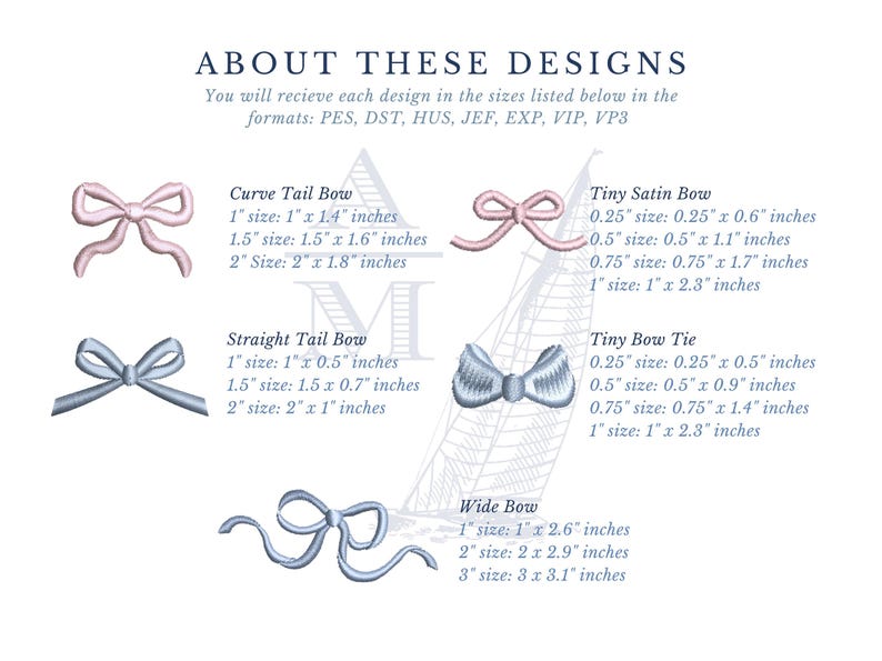 Text and five embroidered bow samples detail the file formats and size lists for Curve Tail Bow, Straight Tail Bow, Tiny Satin Bow, Tiny Bow Tie, and Wide Bow.