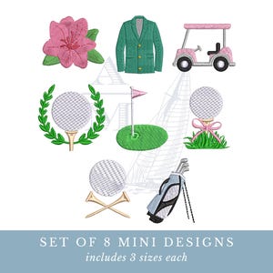 May include: Set of 8 mini golf-themed embroidery designs. Includes a pink flower, green blazer, pink golf cart, golf ball with laurel wreath, golf green with flag, golf ball with pink bow, golf ball on tees, and a golf bag. Includes 3 sizes each.