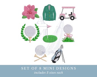 Paquete de diseños de bordado de golf, conjunto de 8 mini motivos / azalea, carrito de golf, bolsa, bandera de hoyo / inspirados en el Masters / 3 tamaños cada uno