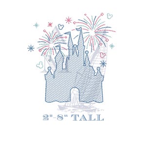 Castle with Fireworks Embroidery Design, Quick stitch sketch fill, vintage style embroidery machine file, 8 sizes