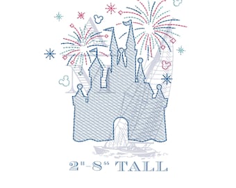 Castle with Fireworks Embroidery Design, Quick stitch sketch fill, vintage style embroidery machine file, 8 sizes