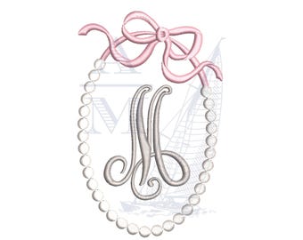 String of Pearls Bow Monogram Frame Embroidery Design, 2&quot;, 3&quot;, 4&quot;, 5&quot; Tall