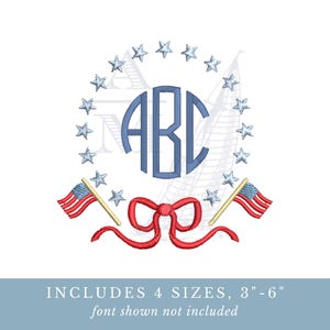 Patriotic flag bow monogram frame | stars stripes | 3" 4" 5" 6" | 4th of july | usa 250th | machine embroidery digital file