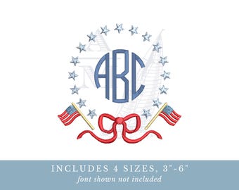 Patriotic flag bow monogram frame | stars stripes | 3" 4" 5" 6" | 4th of july | usa 250th | machine embroidery digital file