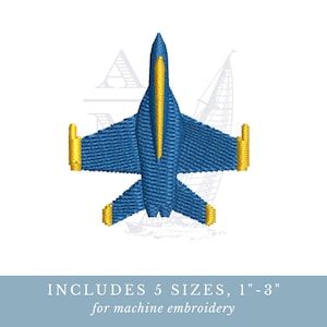 May include: A machine embroidery design of a fighter jet in blue and yellow thread. The jet is shown from a top-down perspective with a yellow cockpit and yellow wingtips. The text below states: INCLUDES 5 SIZES, 1"-3" for machine embroidery.