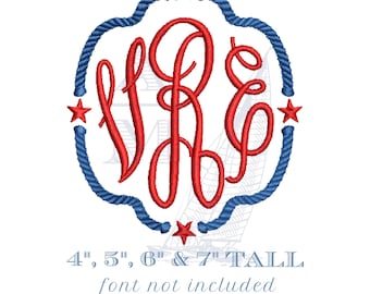 Patriotic Rope and Stars Monogram Frame Embroidery, Summer American, 5 Sizes,  Machine Embroidery Digital File