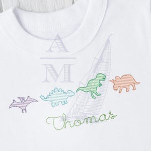 Dinosaur embroidery design trio | sketch fill | 4"–7" wide | t-rex pterodactyl stegosaurus triceratops | machine embroidery