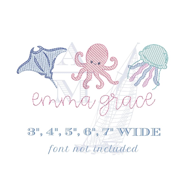 Sea creatures embroidery design trio | octopus stingray jellyfish | sketch fill | 3"–7" | summer ocean aquarium machine embroidery image 2