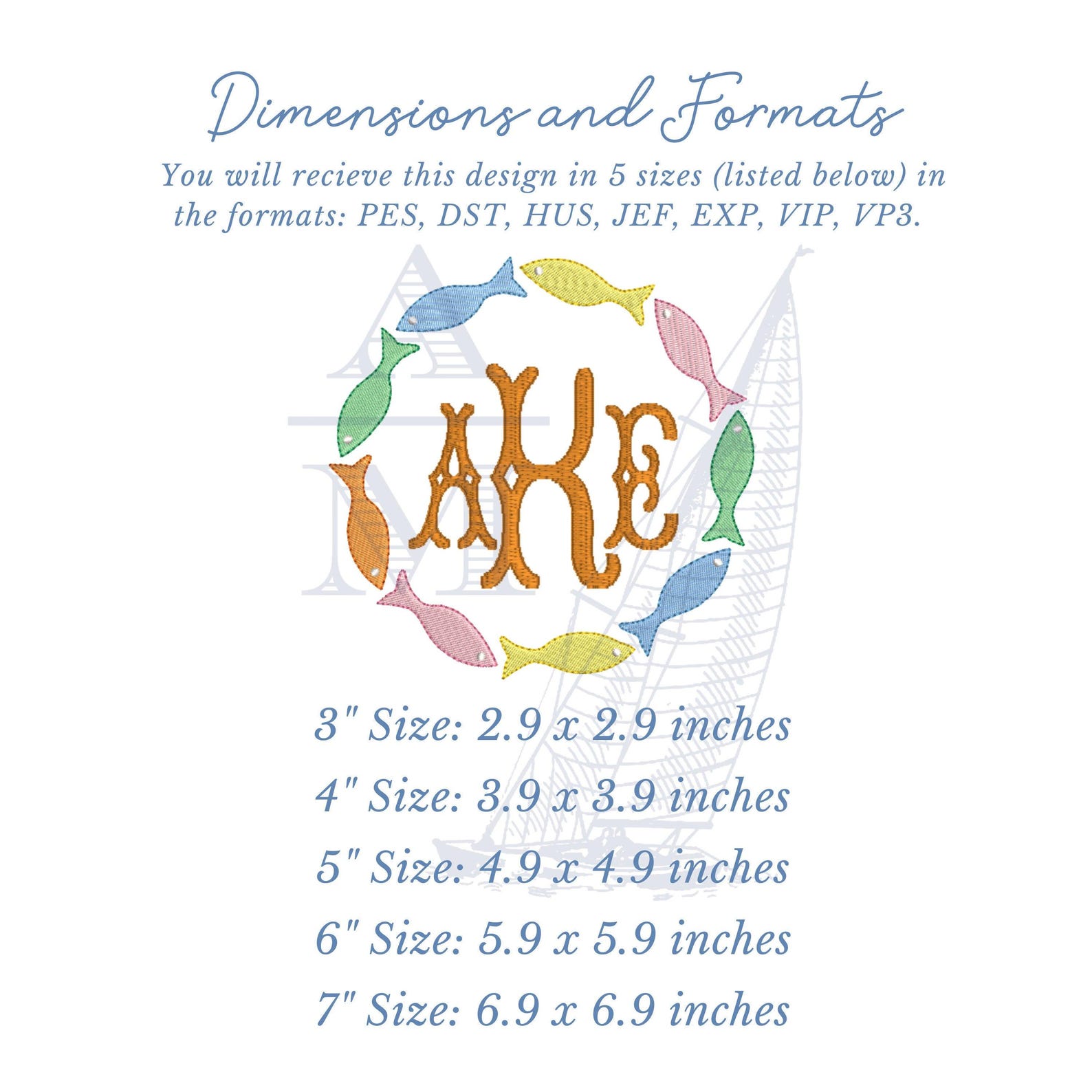 Fish Monogram Frame Embroidery Design | Sketch Fill | 3
