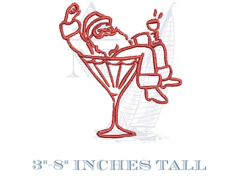 Diseño de bordado de copa de martini retro de Santa Claus / Diseño de servilleta de cóctel navideña con acabado satinado vintage / 4 tamaños / Archivo digital para máquina de coser