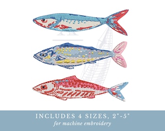 Conjunto de 3 desenhos de bordado de peixes | Design náutico moderno e elegante para o verão | 4 tamanhos cada, arquivo digital para bordado à máquina