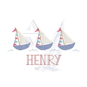 Sailboat Trio Sketch Fill Quick Stitch Embroidery Design, 3-7&quot; Wide