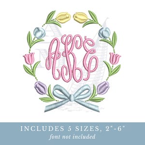 Tulip floral bow embroidery monogram frame | 2"-6"| satin finish | girly design | machine embroidery digital file