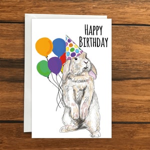 Happy Birthday -  Rabbit and Balloons Greeting Card - Customisable A6