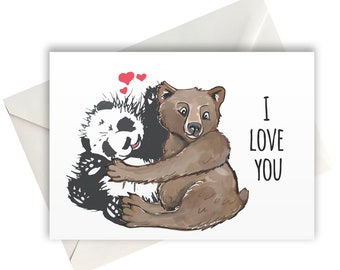 I  Love You Bear and Panda Blank Original Greeting Card Size A6