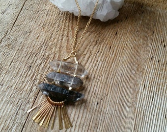 Large double terminated quartz crystal ladder necklace with gold fringe