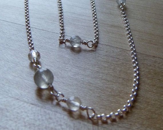 long cloudy quartz beaded layering necklace with silver rolo chain