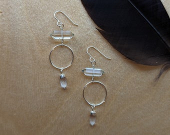 Double terminated clear quartz on sterling silver dangle earrings - ES03