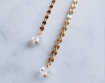 Long disc chain earrings with water clear herkimer diamonds