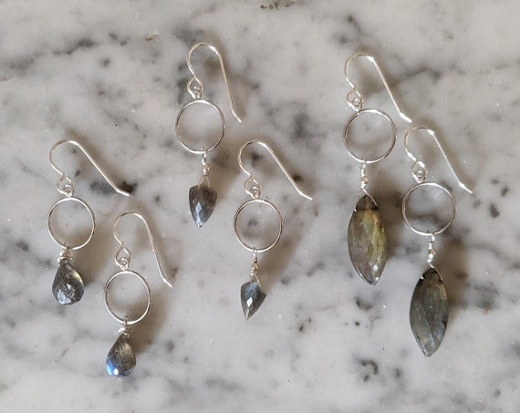 Sterling silver circle earrings with labradorite dangles