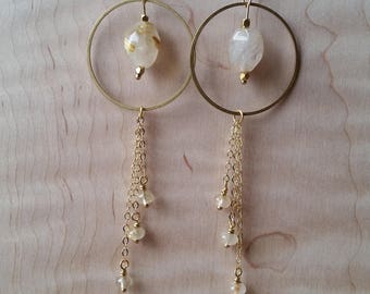 Golden rutilated quartz and brass statement earrings with chain fringe