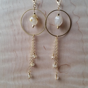 Golden rutilated quartz and brass statement earrings with chain fringe image 1