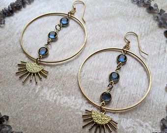 Vintage blue Swarovski on brass earrings with sunbursts