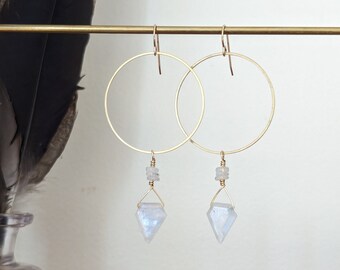 Large moonstone shield earrings on brass circles