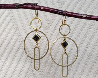 Smaller geometric earrings - brass framed black lucite diamond, brass shapes circles ovals