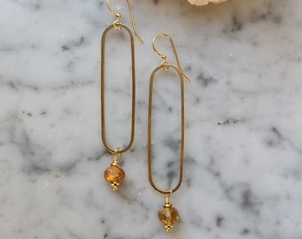 Long brass oval earrings with hessonite garnet - EB15