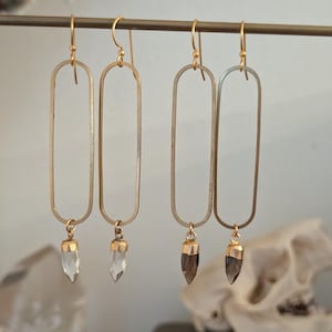 Long brass oval earrings with gemstone points - labradorite, smoky quartz, clear quartz, moonstone - EB003 image 1
