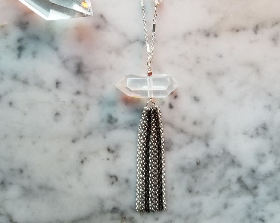 Double terminated quartz crystal necklace with ombre chain fringe and herkimer diamonds on silver bar chain NSQ002