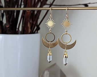 Celestial crescent moon and sunburst earrings with clear quartz points EB34