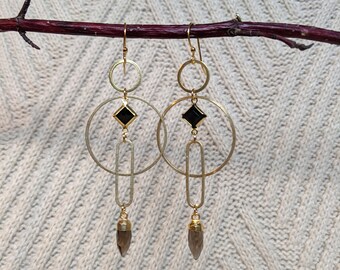 Smaller geometric earrings with smoky quartz points - brass framed black lucite diamond, brass shapes circles ovals