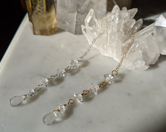 Herkimer diamond ice storm necklace with quartz teardrop on gold filled or sterling silver chain NGH006