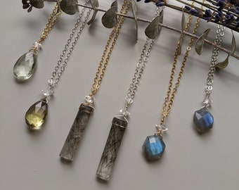 Gemstone necklace in gold or silver - labradorite, rutilated quartz, green amethyst or lemon quartz with herkimer diamond detail - N001