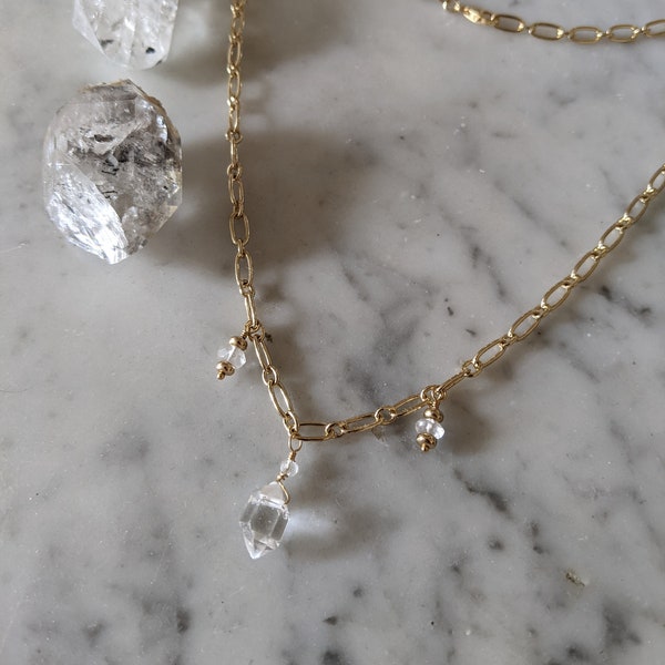 Luxe Herkimer diamond choker necklace on thick gold filled chain