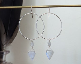 Large moonstone shield earrings on sterling silver circles