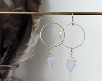 Medium moonstone shield earrings on brass circles EB40