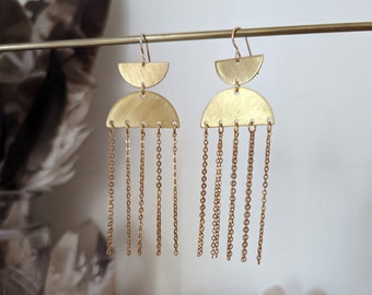 Long brass chain fringe below brushed brass half moons - EB09