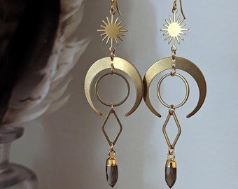Crescent moon and sunburst geometric earrings with smoky quartz points