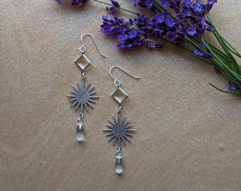 Silver sunburst earrings with clear swarovski crystals and clear quartz points