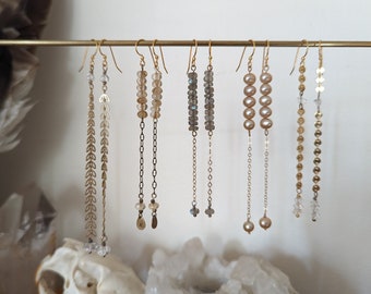 Gemstone and brass earrings with herkimer diamonds labradorite pearl golden rutilated quartz - EB31