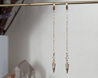 Pendulum earrings - huggie hoops - long dangle CZ pave spike with gold filled chain and tiny CZ diamond accent