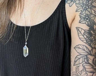 Double terminated quartz crystal points topped with herkimer diamonds on sterling silver chain - pendulum necklace