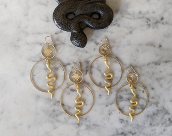 Brass snake dangle earrings with sunbursts or vintage champagne Swarovski crystals - EB13